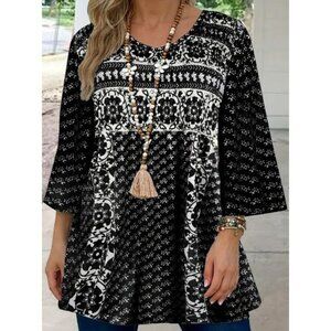 Black & White 6X Tunic Top Empire Waist 3/4 sleeve V-Neck Measures To Be 3X/4X